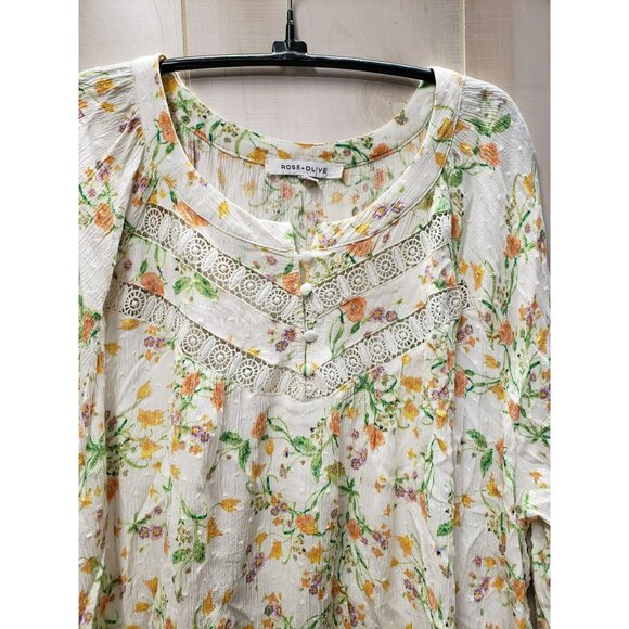 Rose Olive 2X Floral Peasant Blouse With Lace Accents, 3/4 Sleeves, Rayon Fabric - Picture 3 of 7
